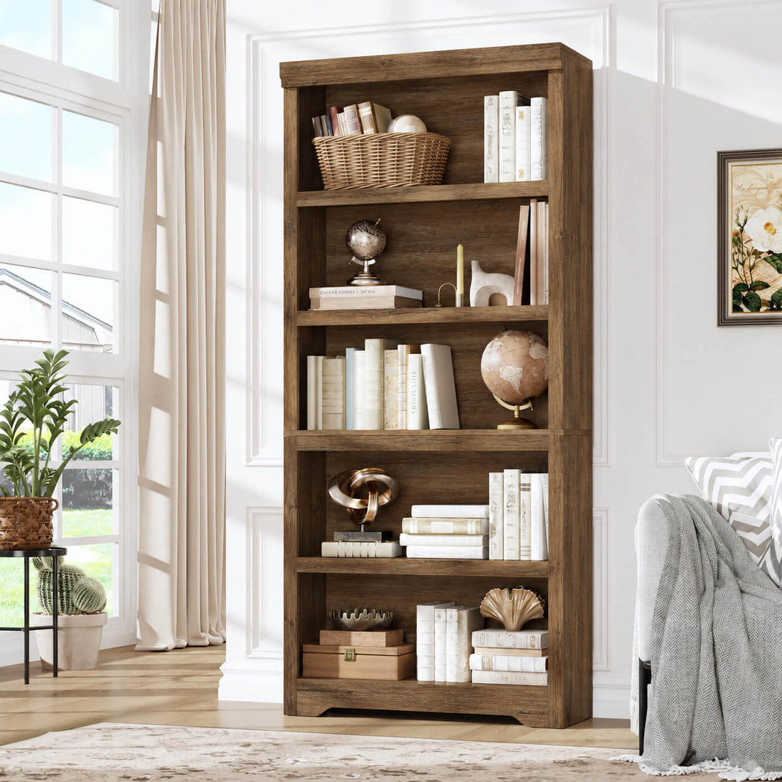 Garvee Bibliothèque haute à 5 niveaux 175 × 80 cm en MDF, étagères réglables, meuble de rangement stable pour salon ou bureau, marron