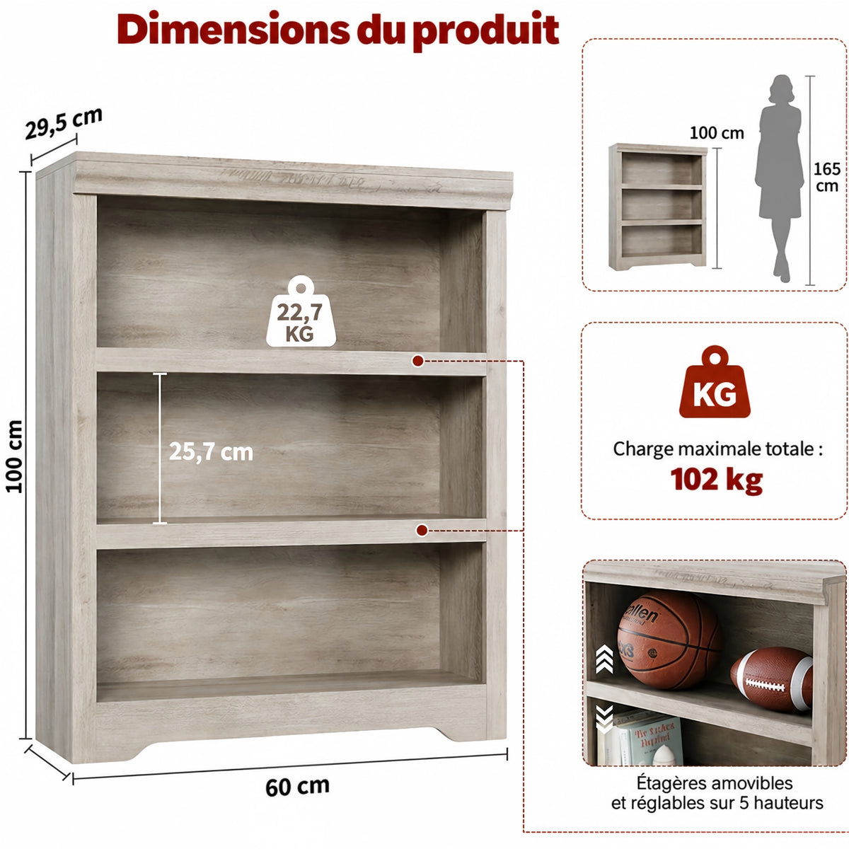 Garvee Bibliothèque haute à 3 niveaux 100 × 60 cm en MDF, étagères réglables, meuble de rangement ouvert pour salon, bureau ou chambre, gris