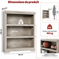 Garvee Bibliothèque haute à 3 niveaux 100 × 60 cm en MDF, étagères réglables, meuble de rangement ouvert pour salon, bureau ou chambre, gris