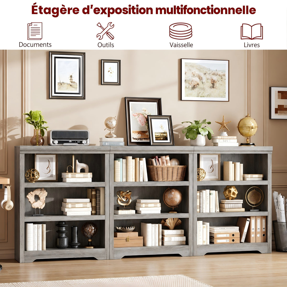 Garvee Bibliothèque haute à 3 niveaux 100 × 60 cm en MDF, étagères réglables, meuble de rangement ouvert pour salon, bureau ou chambre, gris