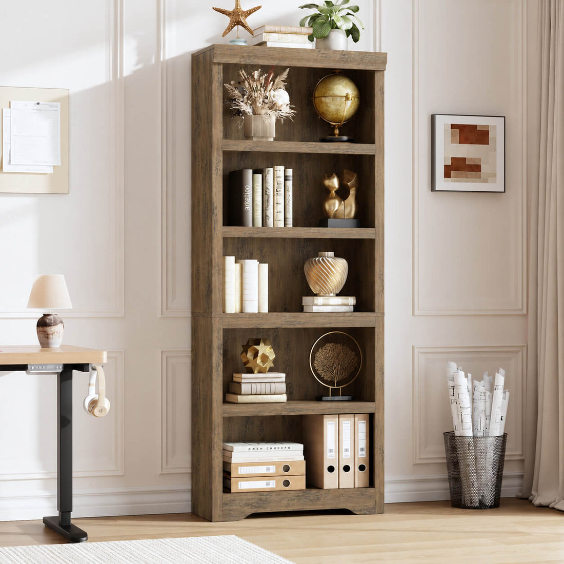 Garvee Bibliothèque haute à 5 niveaux 175 × 60 cm en MDF, étagères réglables, rangement flexible pour salon ou bureau, marron