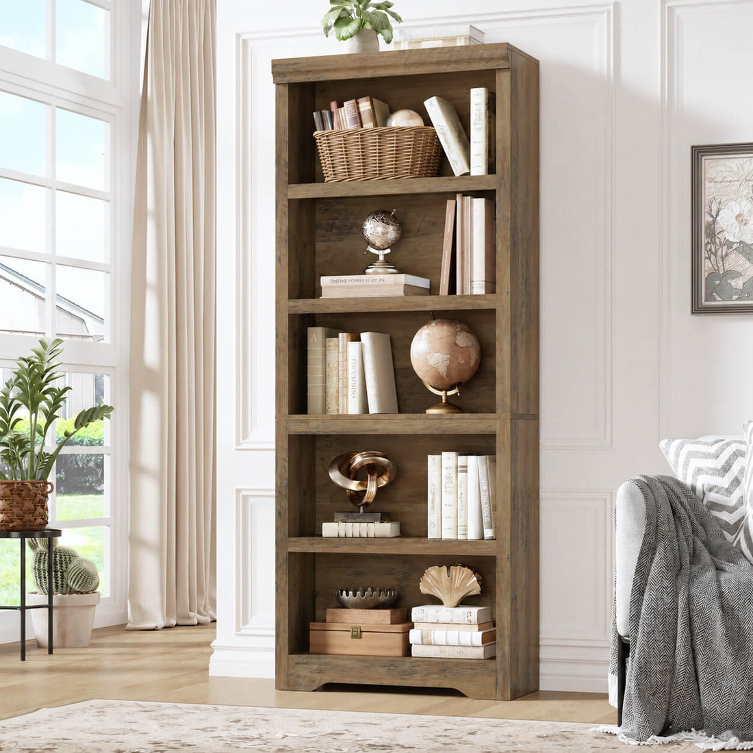 Garvee Bibliothèque haute à 5 niveaux 175 × 60 cm en MDF, étagères réglables, rangement flexible pour salon ou bureau, marron