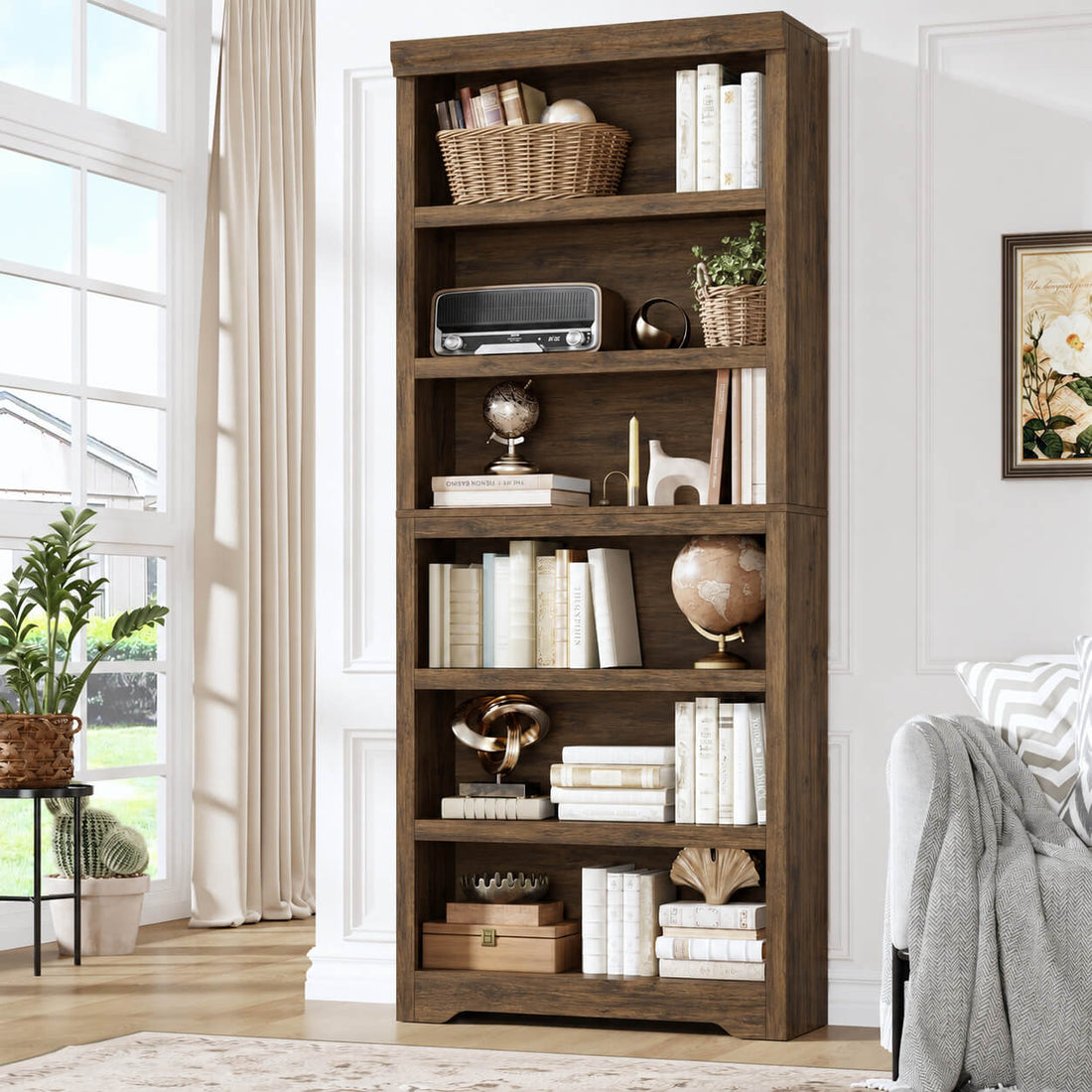 Garvee Bibliothèque haute à 6 niveaux 190 × 80 cm en MDF, étagères réglables, rangement flexible pour salon ou bureau, marron