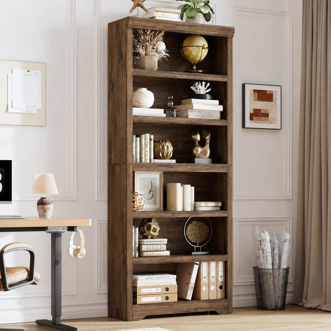 Garvee Bibliothèque haute à 6 niveaux 190 × 80 cm en MDF, étagères réglables, rangement flexible pour salon ou bureau, marron