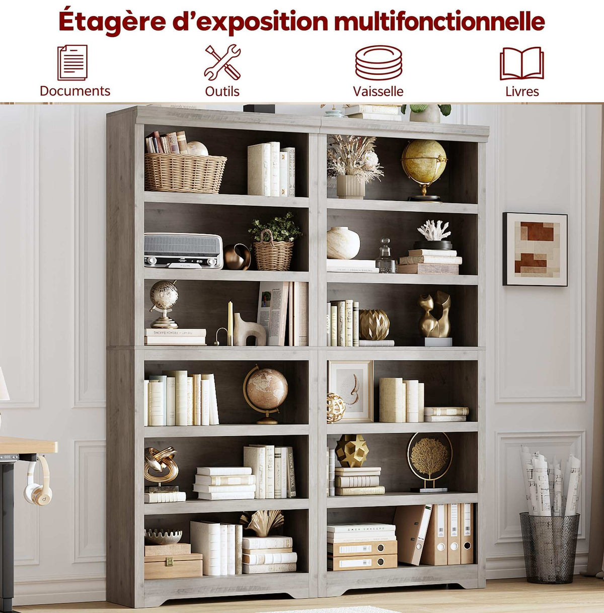 Garvee Bibliothèque haute à 6 niveaux 190 × 80 cm en MDF, étagères réglables, rangement flexible pour salon ou bureau, gris