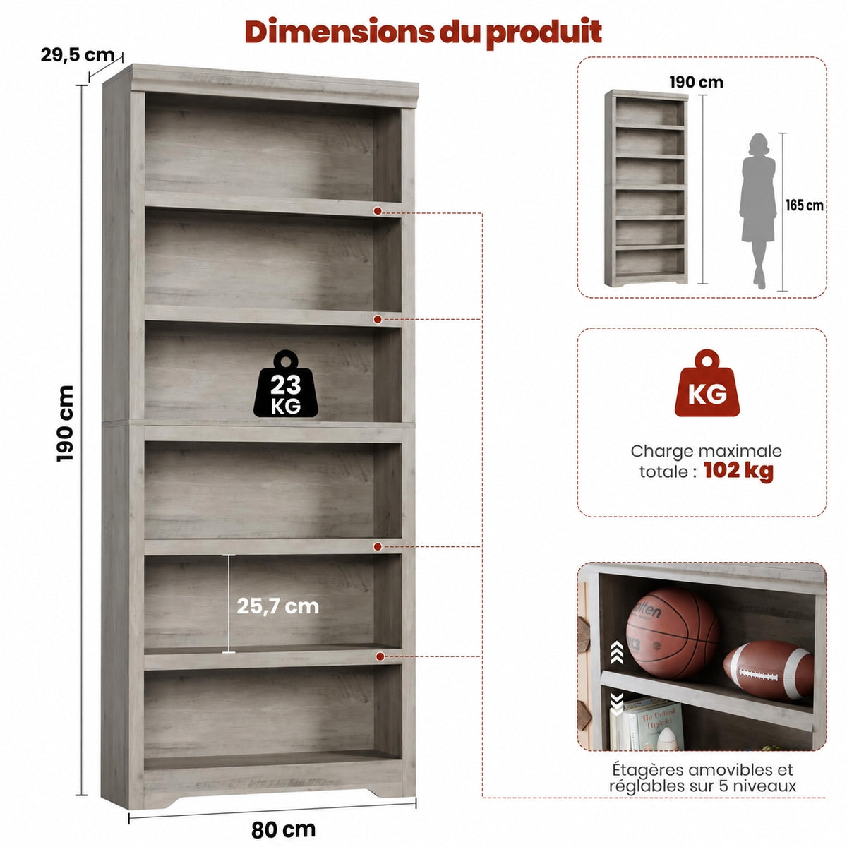 Garvee Bibliothèque haute à 6 niveaux 190 × 80 cm en MDF, étagères réglables, rangement flexible pour salon ou bureau, gris