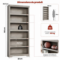 Garvee Bibliothèque haute à 6 niveaux 190 × 80 cm en MDF, étagères réglables, rangement flexible pour salon ou bureau, gris