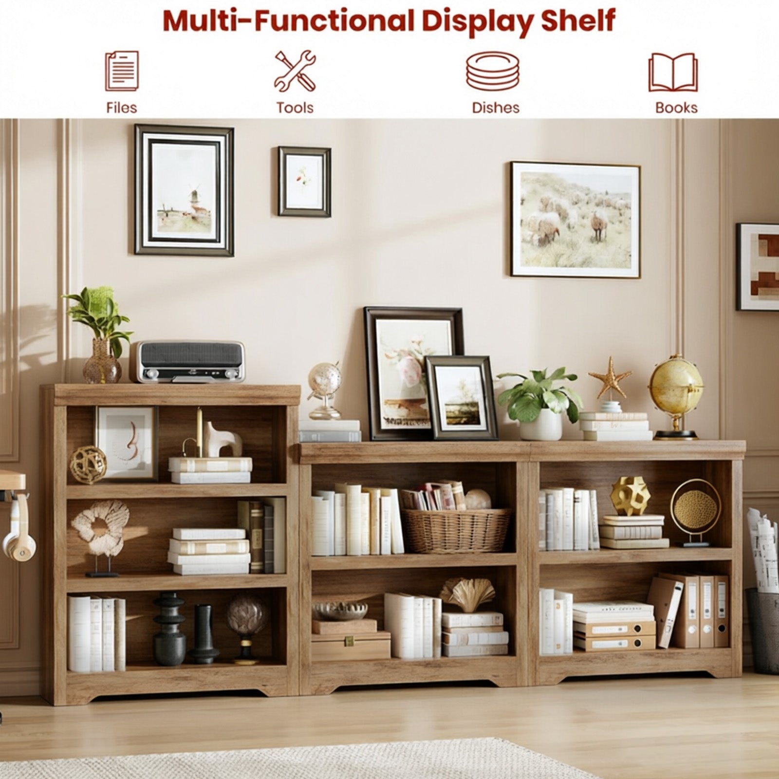 Garvee Étagère ouverte à 2 niveaux en MDF avec tablettes réglables, meuble de rangement pour maison et bureau, finition bois
