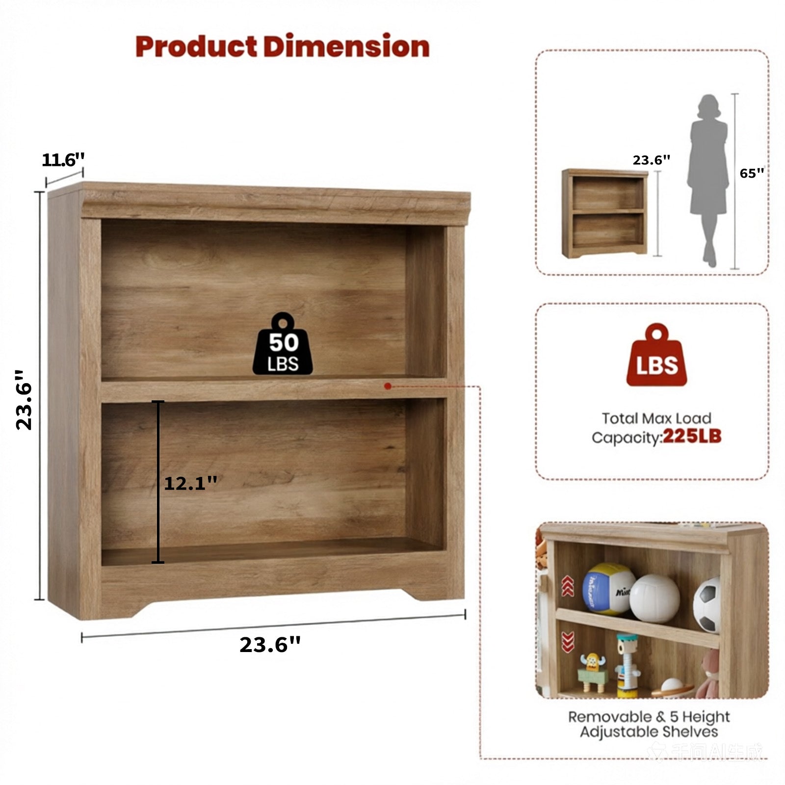 Garvee Étagère ouverte à 2 niveaux en MDF avec tablettes réglables, meuble de rangement pour maison et bureau, finition bois