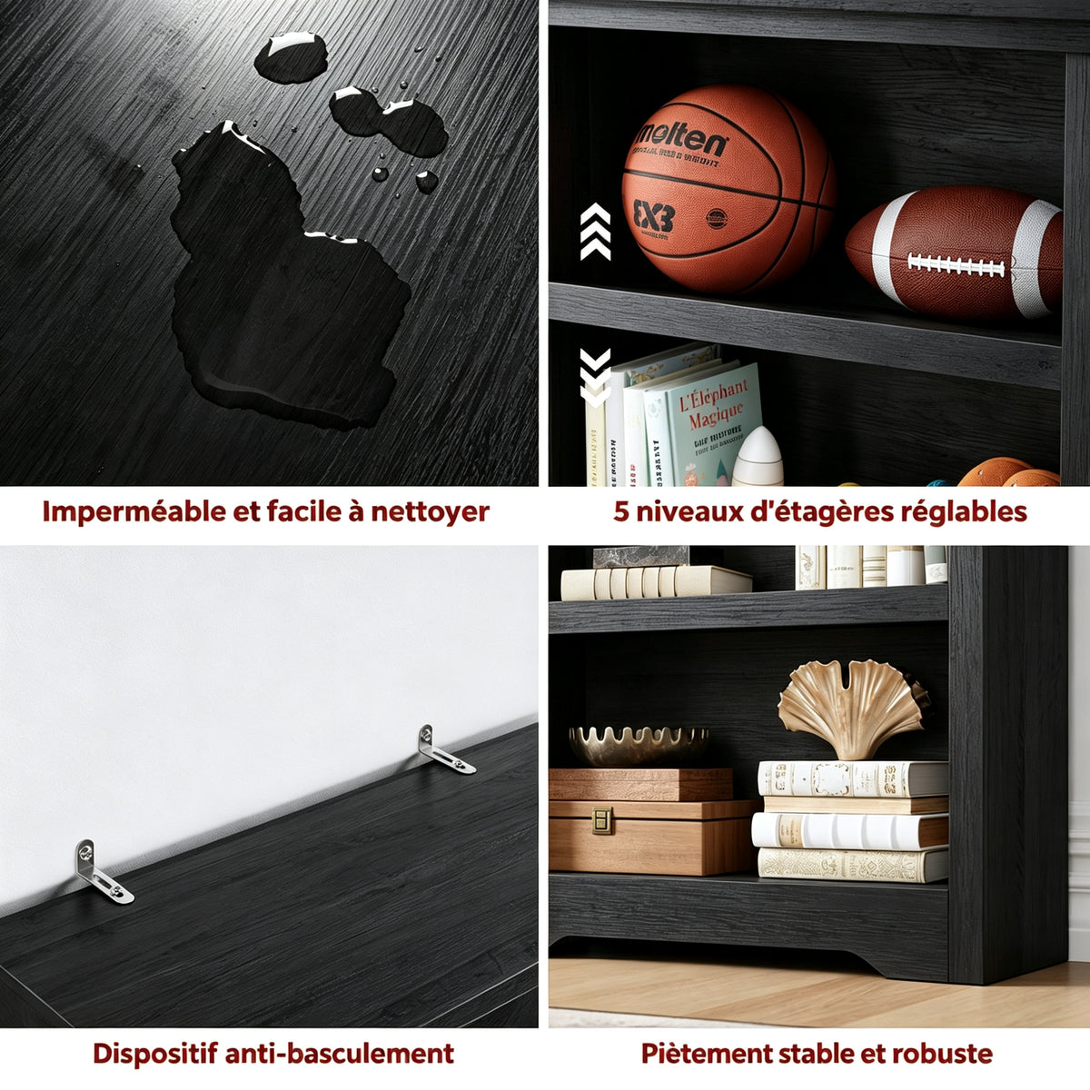 Garvee Bibliothèque haute à 3 niveaux 100 × 60 cm en MDF, étagères réglables, meuble de rangement ouvert pour salon, bureau ou chambre, noir