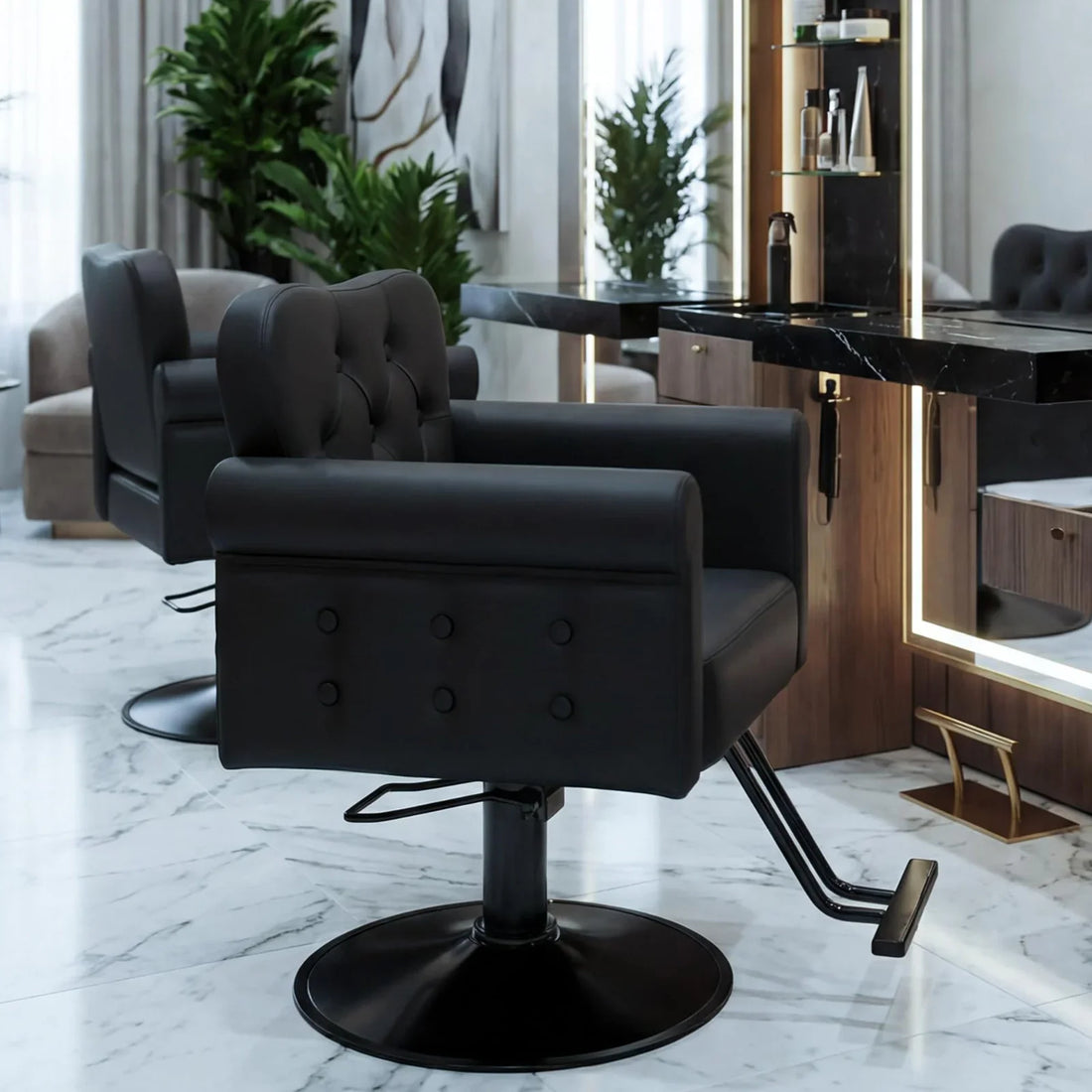 Garvee Fauteuil de Coiffure en Similicuir, Pivotant à 360°, avec Repose-Pieds, Base Ronde Hydraulique en Métal, Charge jusqu’à 150 kg, pour Salon de Coiffure et Spa, Noir