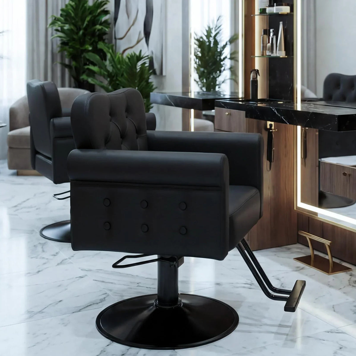 Garvee Fauteuil de Coiffure en Similicuir, Pivotant à 360°, avec Repose-Pieds, Base Ronde Hydraulique en Métal, Charge jusqu’à 150 kg, pour Salon de Coiffure et Spa, Noir