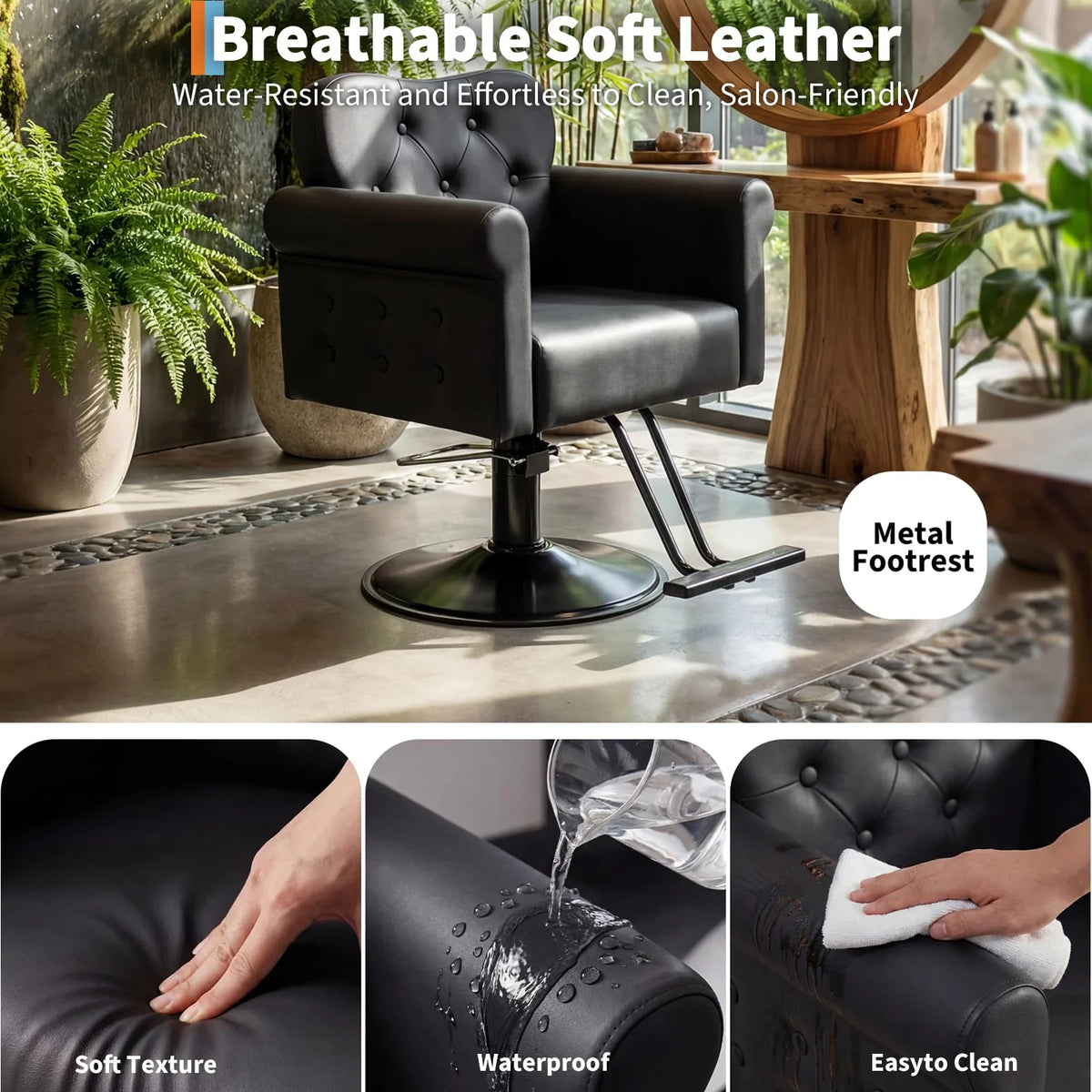 Garvee Fauteuil de Coiffure en Similicuir, Pivotant à 360°, avec Repose-Pieds, Base Ronde Hydraulique en Métal, Charge jusqu’à 150 kg, pour Salon de Coiffure et Spa, Noir