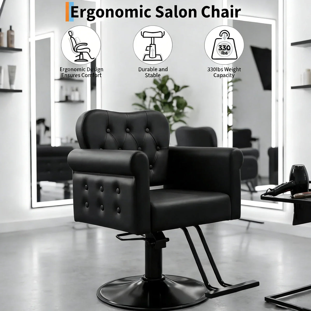Garvee Fauteuil de Coiffure en Similicuir, Pivotant à 360°, avec Repose-Pieds, Base Ronde Hydraulique en Métal, Charge jusqu’à 150 kg, pour Salon de Coiffure et Spa, Noir