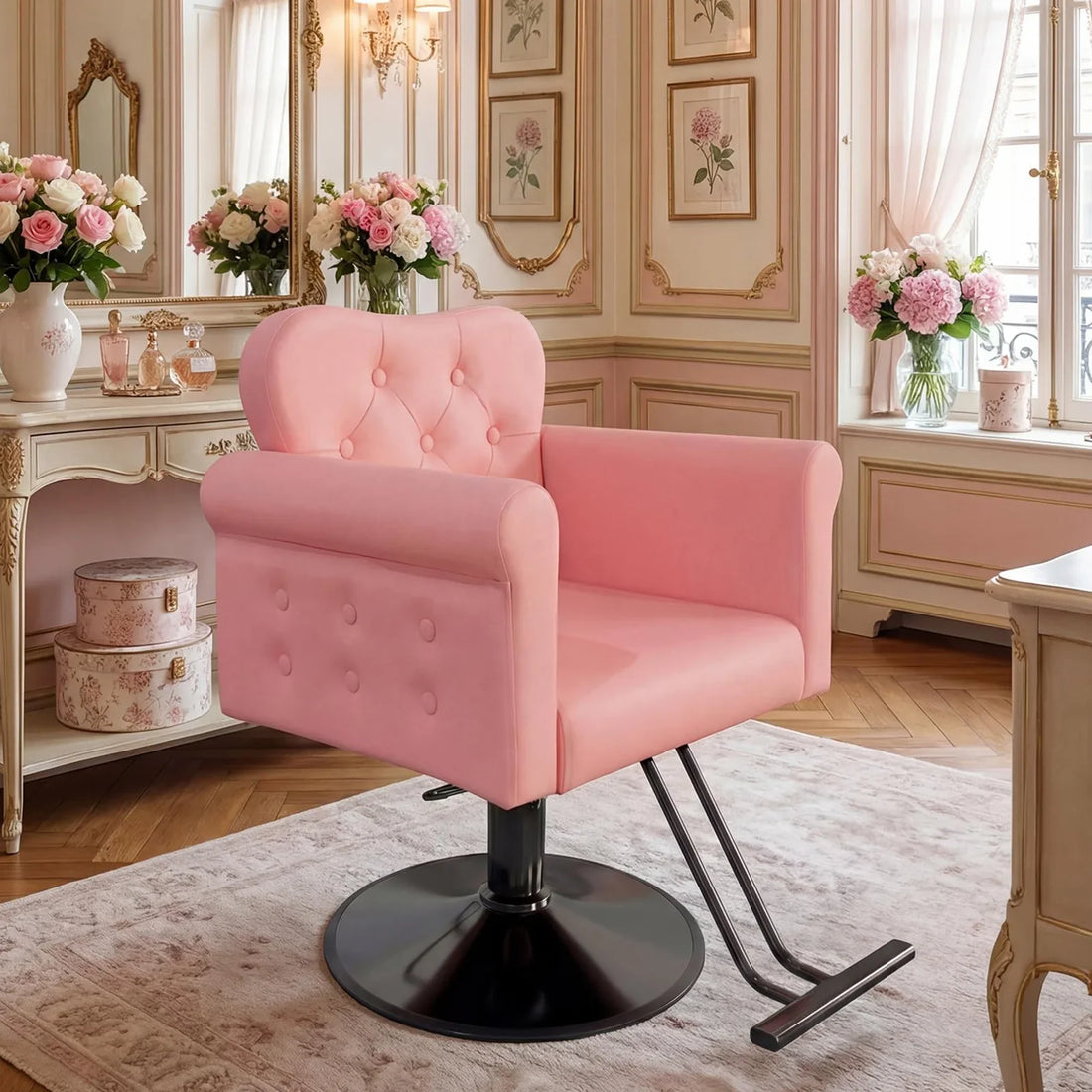 Garvee Fauteuil de Coiffure en Similicuir, Pivotant à 360°, avec Repose-Pieds, Base Ronde Hydraulique en Métal, Charge jusqu’à 150 kg, pour Salon de Coiffure et Spa, Rose