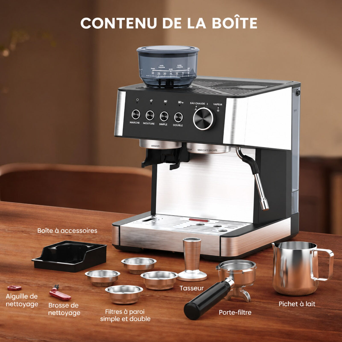 Garvee Machine à Expresso 15 bar avec Broyeur Intégré, Porte-Filtre, Réservoir 2,3 L, Acier Inoxydable, pour Maison et Bureau