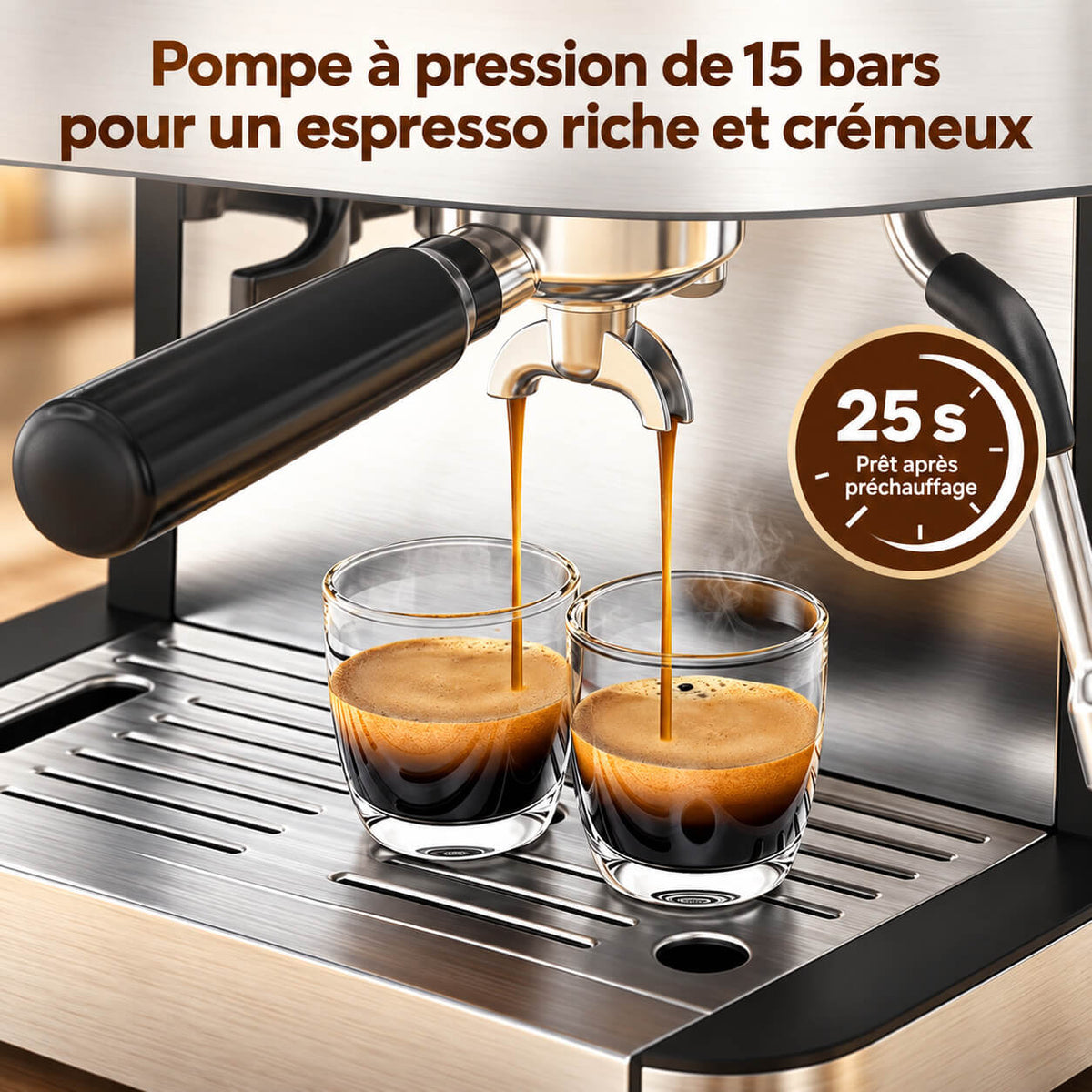 Garvee Machine à Expresso 15 bar avec Broyeur Intégré, Porte-Filtre, Réservoir 2,3 L, Acier Inoxydable, pour Maison et Bureau