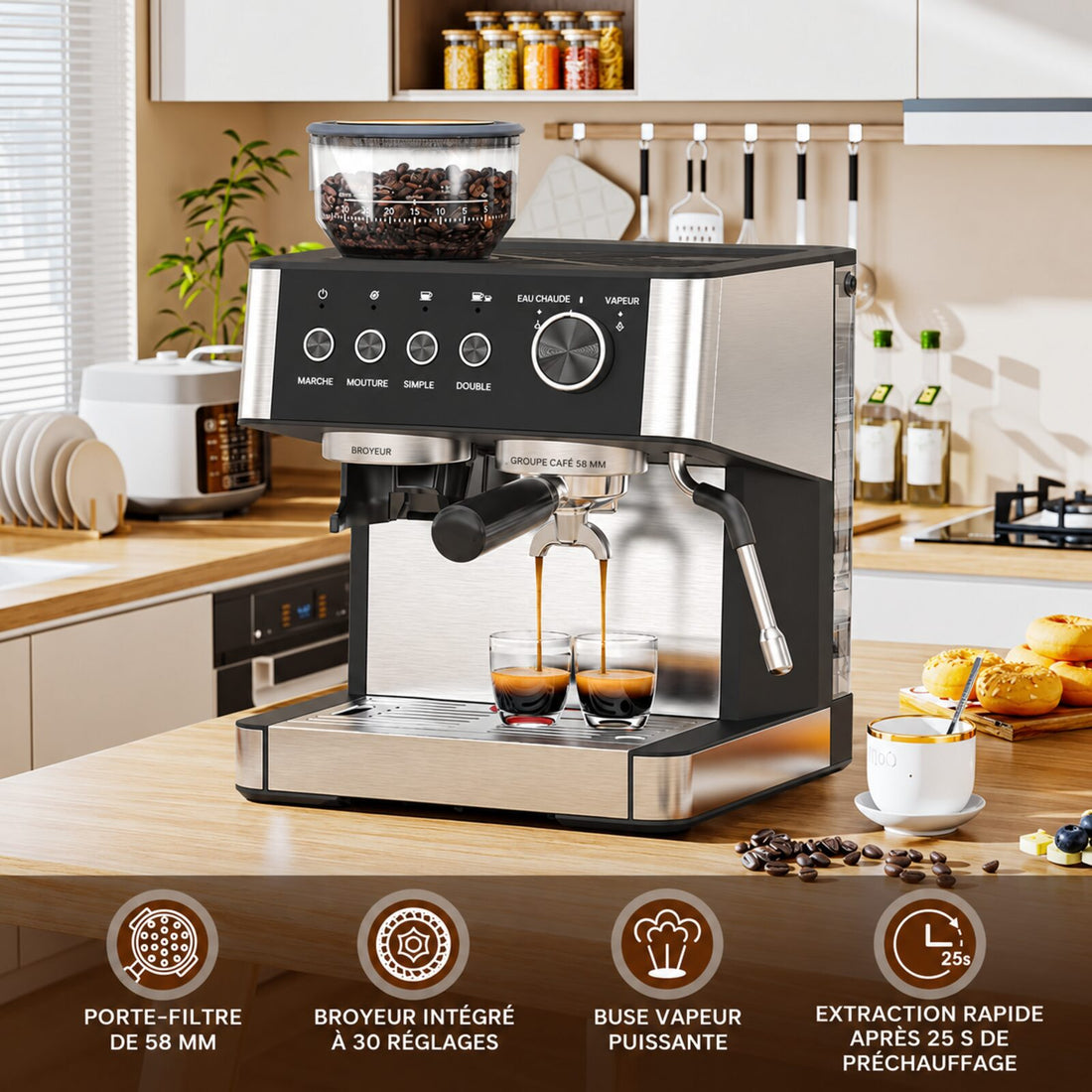 Garvee Machine à Expresso 15 bar avec Broyeur Intégré, Porte-Filtre, Réservoir 2,3 L, Acier Inoxydable, pour Maison et Bureau