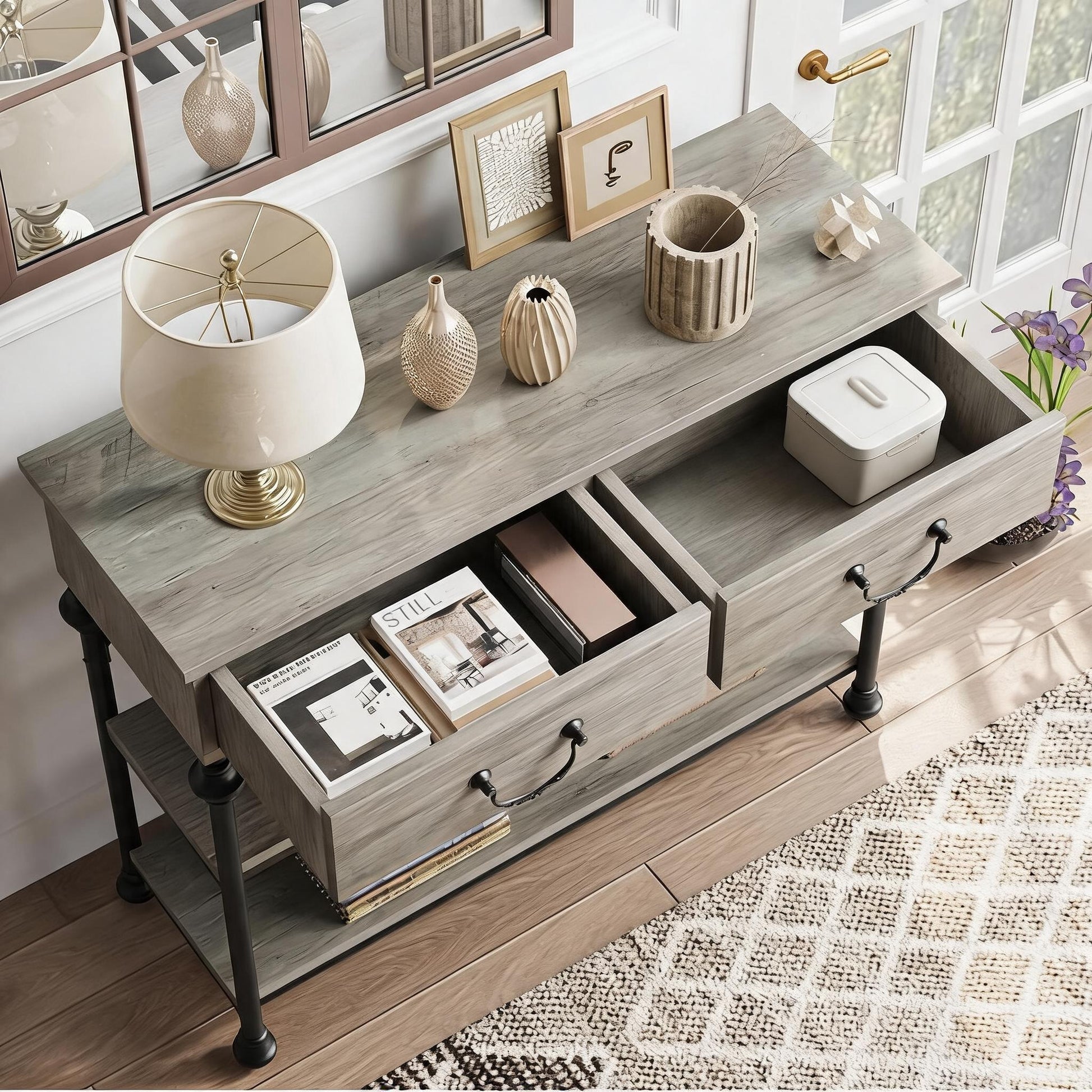 Console Garvee petite à 2 tiroirs, structure en métal, gris rustique, idéale pour l'entrée et le salon, pieds réglables, 100 cm (L) x 30 cm (P) x 80 cm (H)