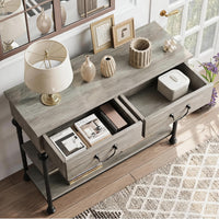 Console Garvee petite à 2 tiroirs, structure en métal, gris rustique, idéale pour l'entrée et le salon, pieds réglables, 100 cm (L) x 30 cm (P) x 80 cm (H)