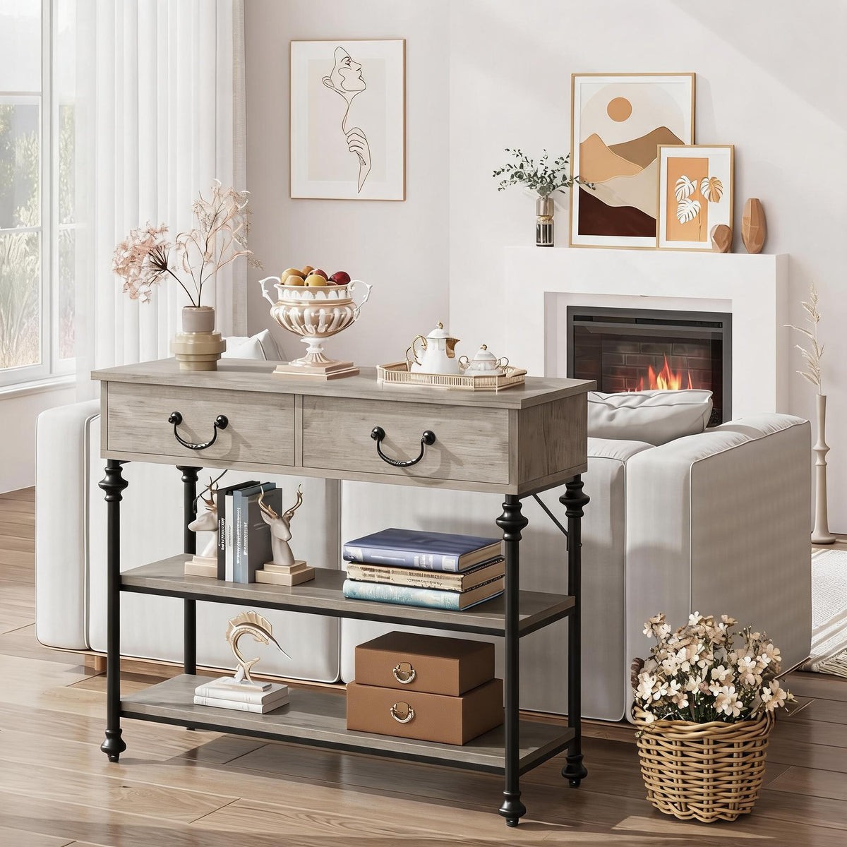 Console Garvee petite à 2 tiroirs, structure en métal, gris rustique, idéale pour l'entrée et le salon, pieds réglables, 100 cm (L) x 30 cm (P) x 80 cm (H)