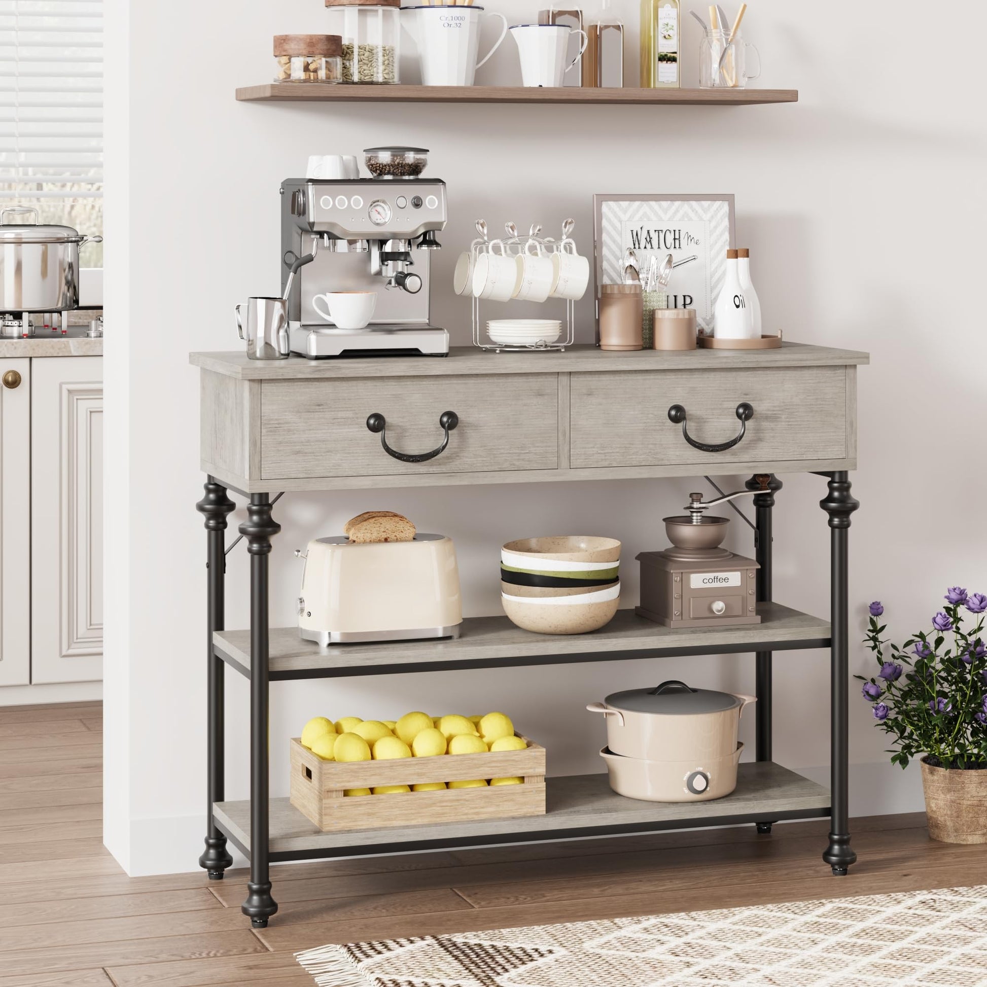 Console Garvee petite à 2 tiroirs, structure en métal, gris rustique, idéale pour l'entrée et le salon, pieds réglables, 100 cm (L) x 30 cm (P) x 80 cm (H)