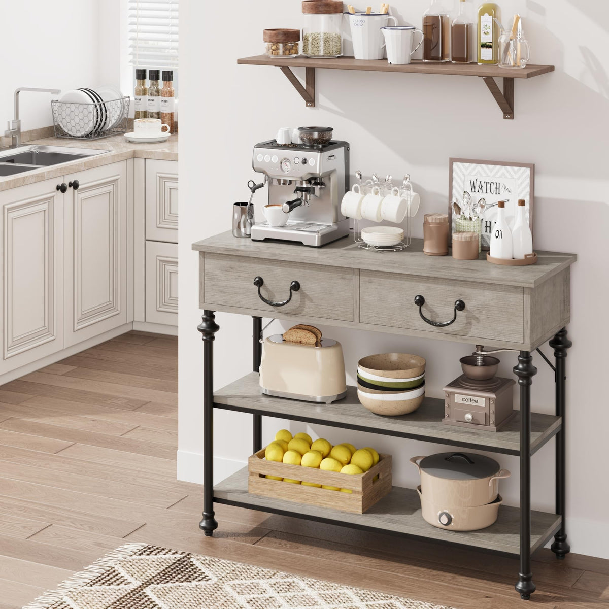 Console Garvee petite à 2 tiroirs, structure en métal, gris rustique, idéale pour l'entrée et le salon, pieds réglables, 100 cm (L) x 30 cm (P) x 80 cm (H)