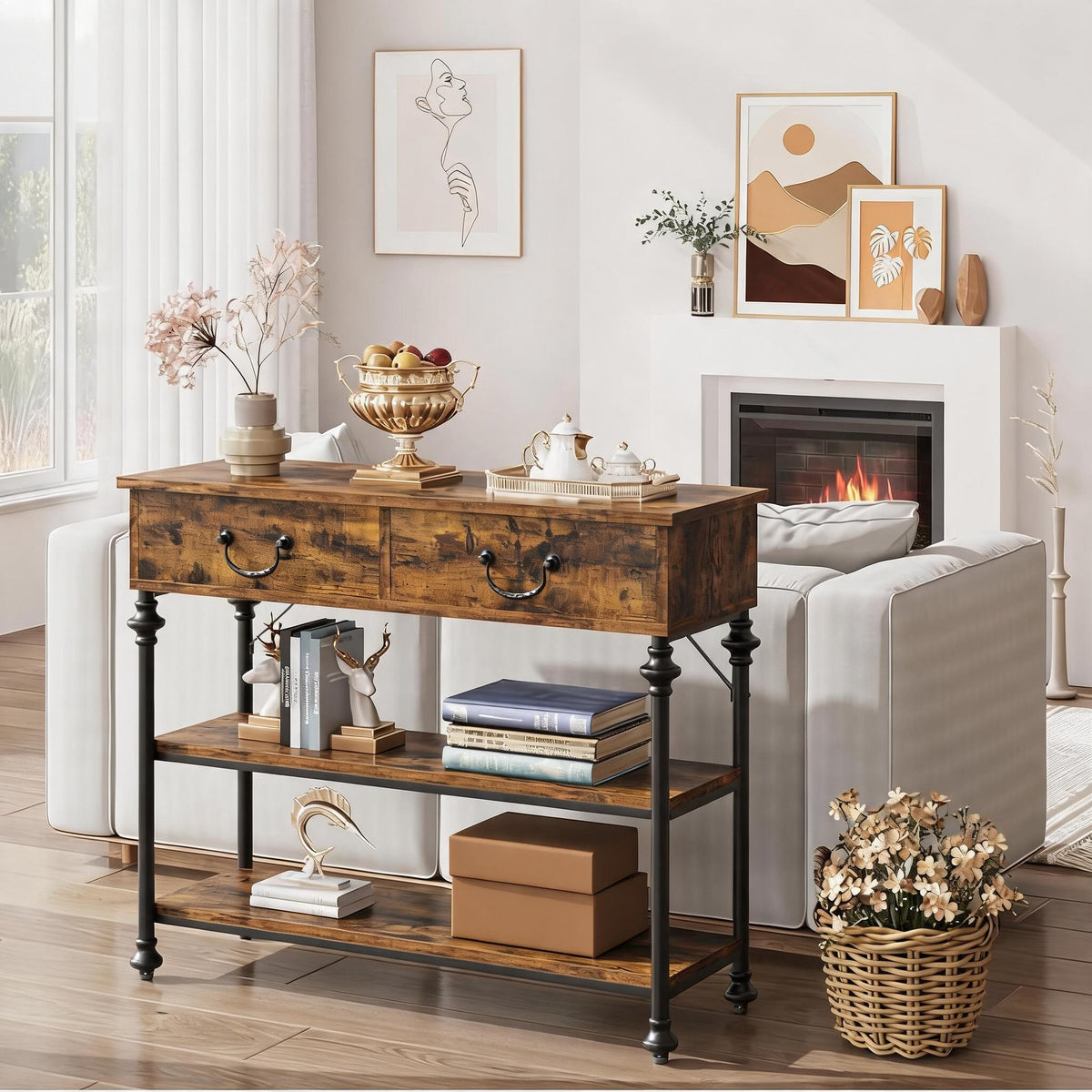 Console Garvee pour entrée, étroite, avec 2 tiroirs, grande étagère, structure en métal, marron rustique, salon, entrée
