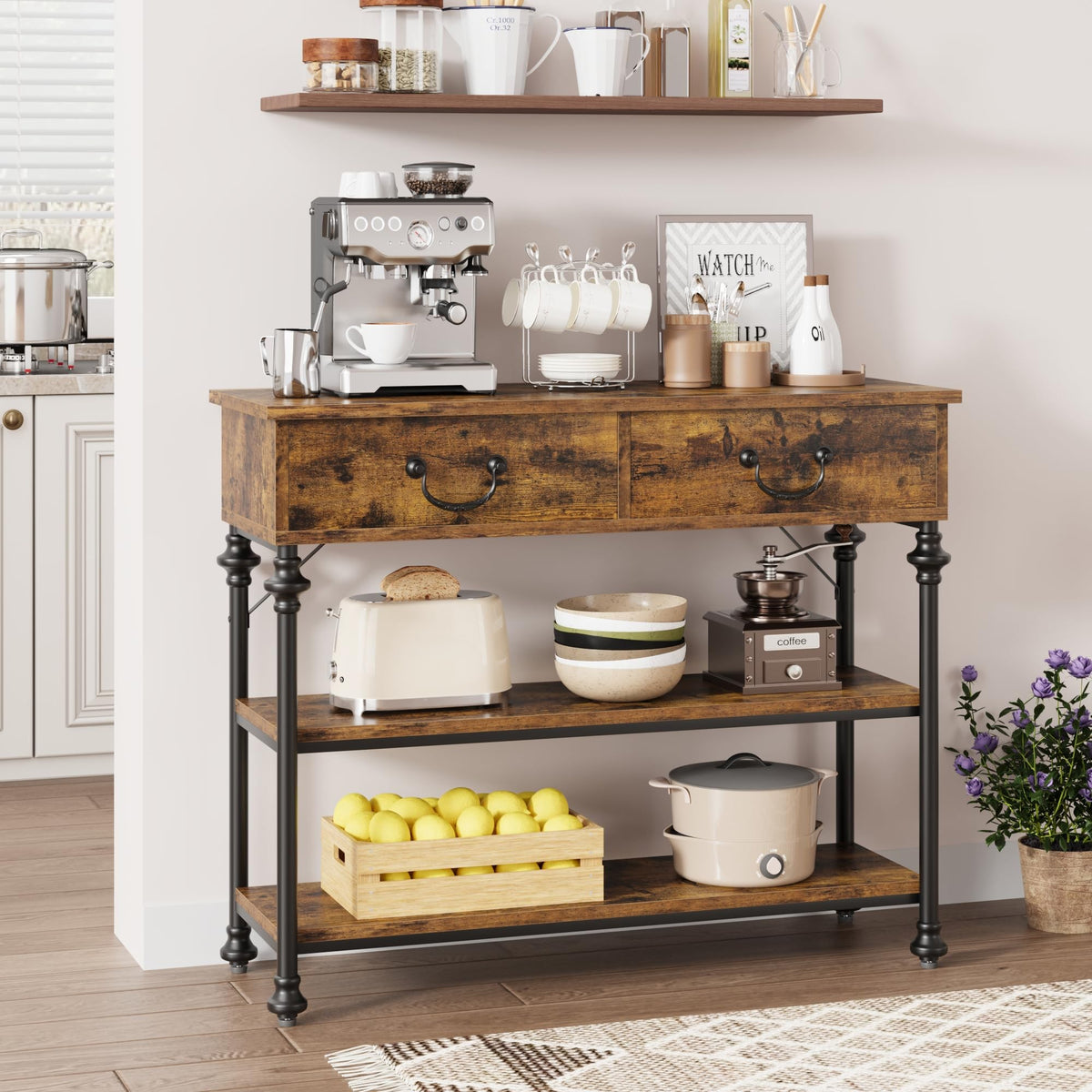 Console Garvee pour entrée, étroite, avec 2 tiroirs, grande étagère, structure en métal, marron rustique, salon, entrée