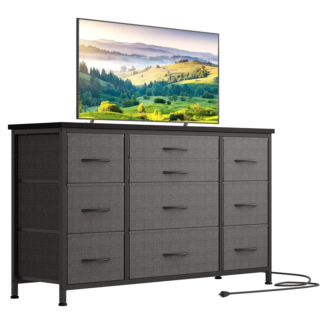 Garvee Commode à 10 Tiroirs avec Prise Électrique Intégrée, Meuble de Rangement Multifonction, 120 × 39 × 70 cm, pour Chambre et Salon, Gris