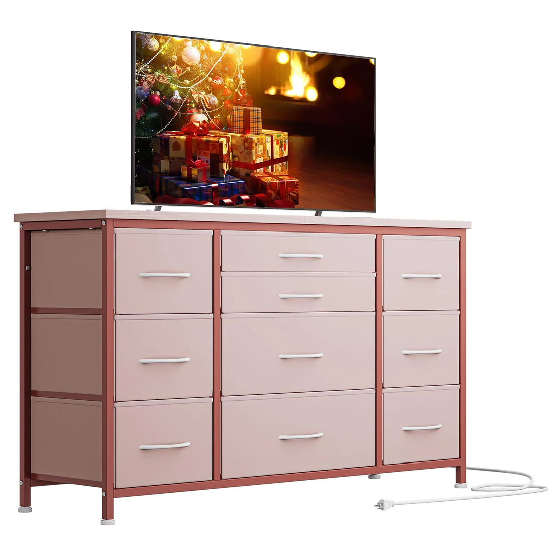 Garvee Commode à 10 Tiroirs avec Prise Électrique Intégrée, Meuble de Rangement Multifonction, 120 × 39 × 70 cm, pour Chambre et Salon, Rose