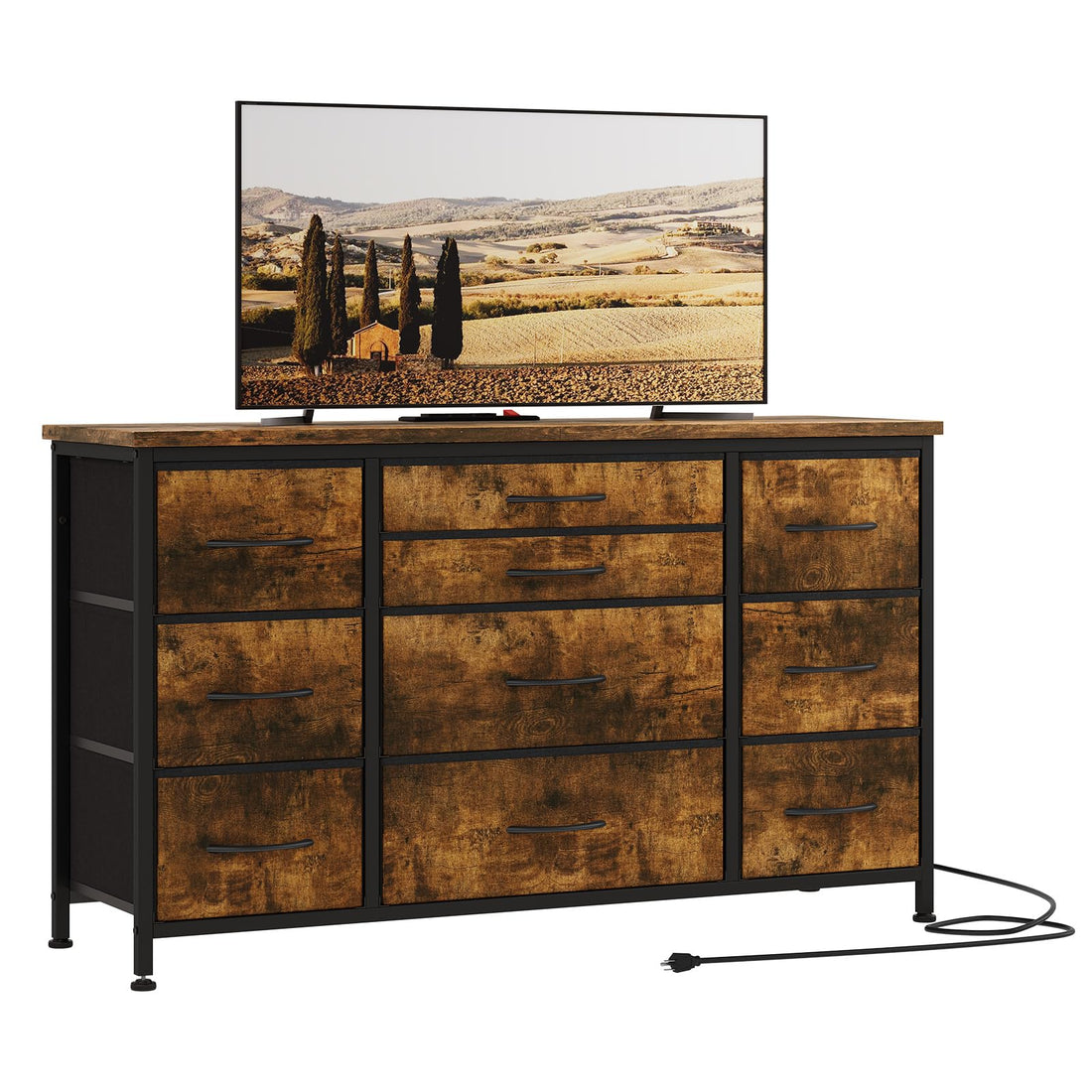 Garvee Commode à 10 Tiroirs avec Prise Électrique Intégrée, Meuble de Rangement Multifonction, 120 × 39 × 70 cm, pour Chambre et Salon, Marron