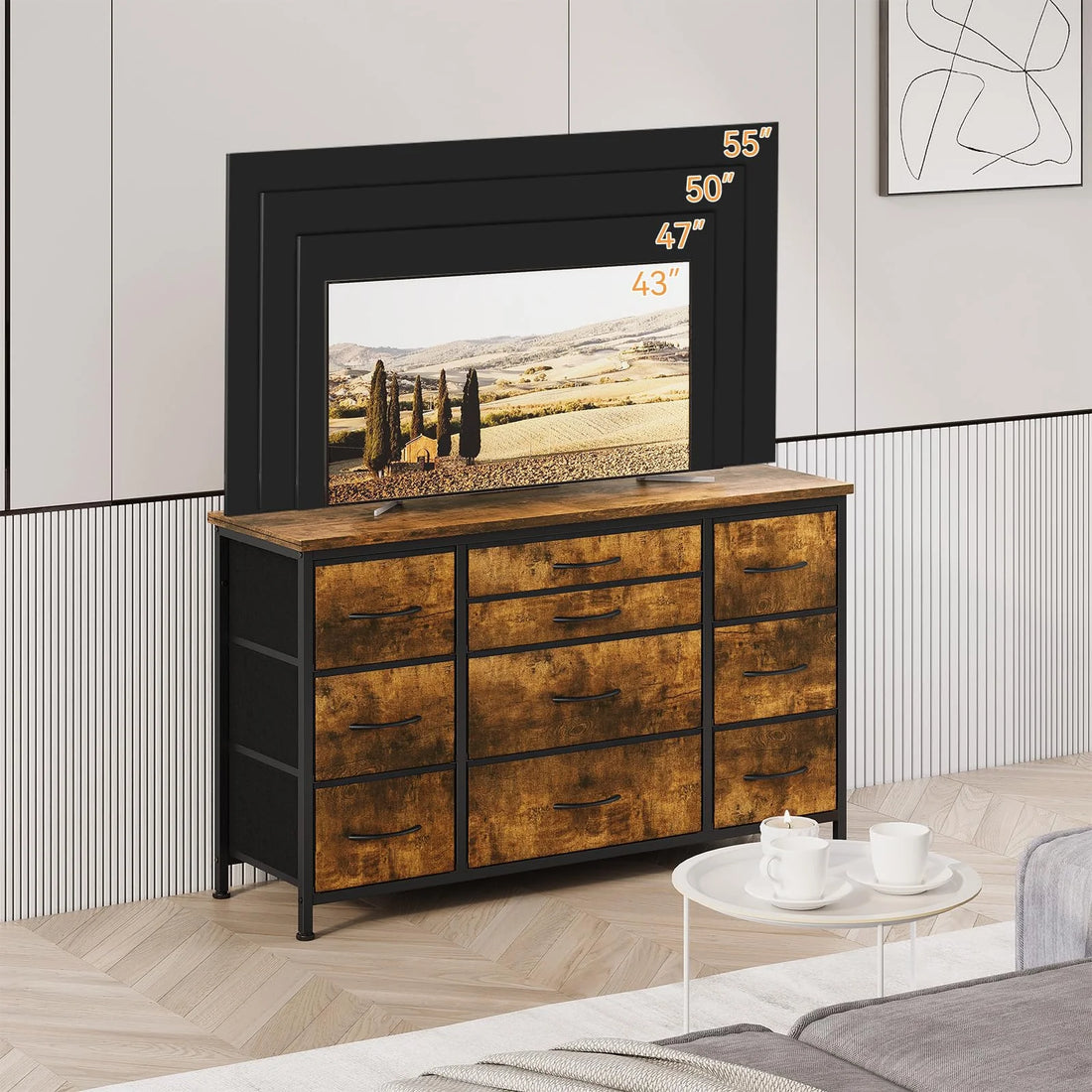 Garvee Commode à 10 Tiroirs avec Prise Électrique Intégrée, Meuble de Rangement Multifonction, 120 × 39 × 70 cm, pour Chambre et Salon, Marron