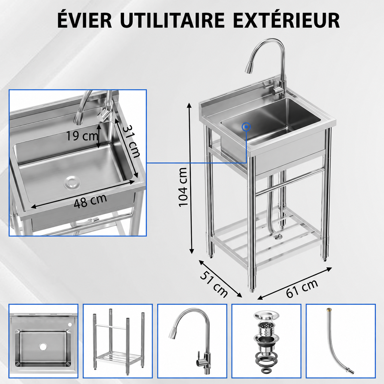 Garvee Évier sur pied 61x51x104cm en inox, 1 bac avec robinet eau chaude/froide et vidange, pour cuisine garage et atelier