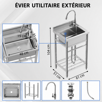 Garvee Évier sur pied 61x51x104cm en inox, 1 bac avec robinet eau chaude/froide et vidange, pour cuisine garage et atelier