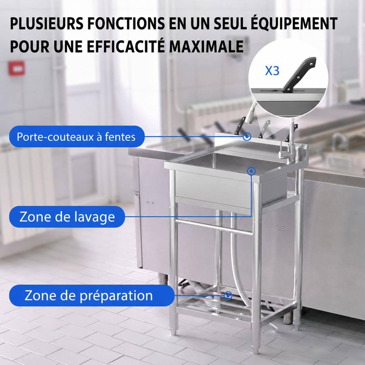 Garvee Évier sur pied 61x51x104cm en inox, 1 bac avec robinet eau chaude/froide et vidange, pour cuisine garage et atelier
