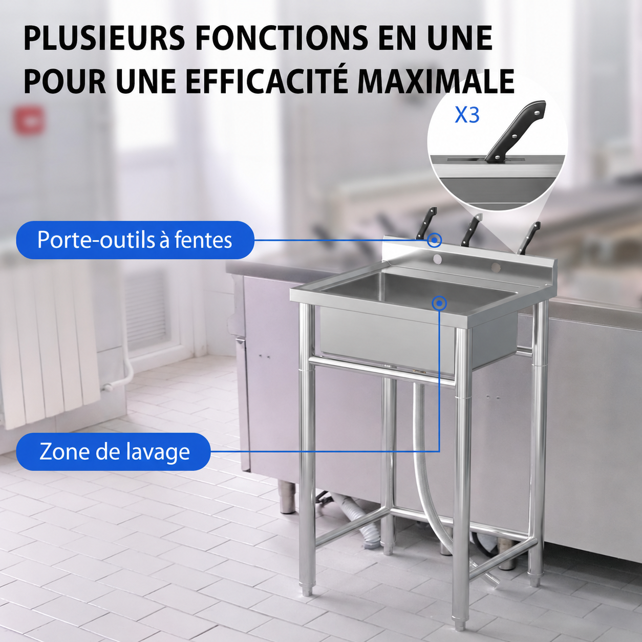 Garvee Évier sur Pied Inox 53 × 53 × 84 cm, Bac Unique avec Vidange Rapide, Design Sécurisé, pour Cuisine, Garage et Usage Pro