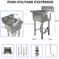 Garvee Évier sur Pied Inox 53 × 53 × 84 cm, Bac Unique avec Vidange Rapide, Design Sécurisé, pour Cuisine, Garage et Usage Pro
