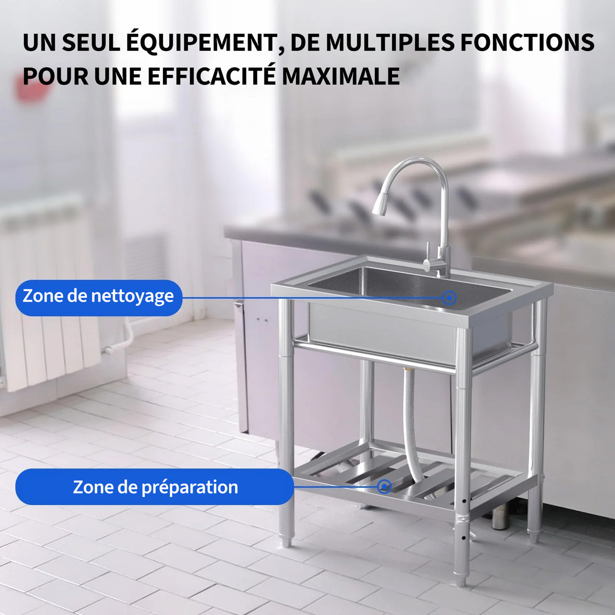 Garvee Évier sur Pieds en Acier Inoxydable, L. 70 × P. 50 × H. 86 cm, 1 Bac avec Robinet Extractible Pivotant à 360°, Eau Chaude et Froide, pour Cuisine et Garage