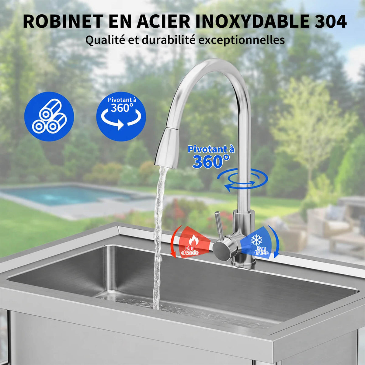 Garvee Évier sur Pieds en Acier Inoxydable, L. 70 × P. 50 × H. 86 cm, 1 Bac avec Robinet Extractible Pivotant à 360°, Eau Chaude et Froide, pour Cuisine et Garage