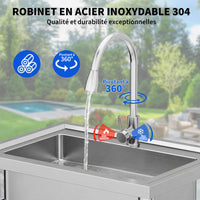 Garvee Évier sur Pieds en Acier Inoxydable, L. 70 × P. 50 × H. 86 cm, 1 Bac avec Robinet Extractible Pivotant à 360°, Eau Chaude et Froide, pour Cuisine et Garage
