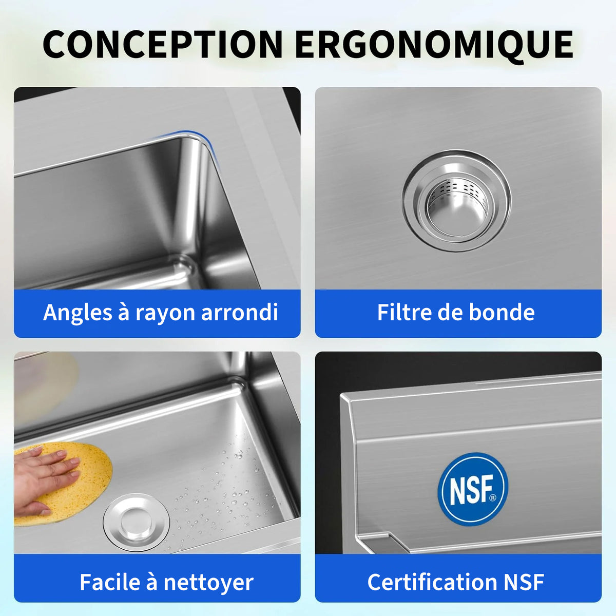 Garvee Évier sur Pieds en Acier Inoxydable, L. 70 × P. 50 × H. 86 cm, 1 Bac avec Robinet Extractible Pivotant à 360°, Eau Chaude et Froide, pour Cuisine et Garage