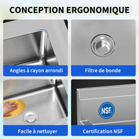 Garvee Évier sur Pieds en Acier Inoxydable, L. 70 × P. 50 × H. 86 cm, 1 Bac avec Robinet Extractible Pivotant à 360°, Eau Chaude et Froide, pour Cuisine et Garage