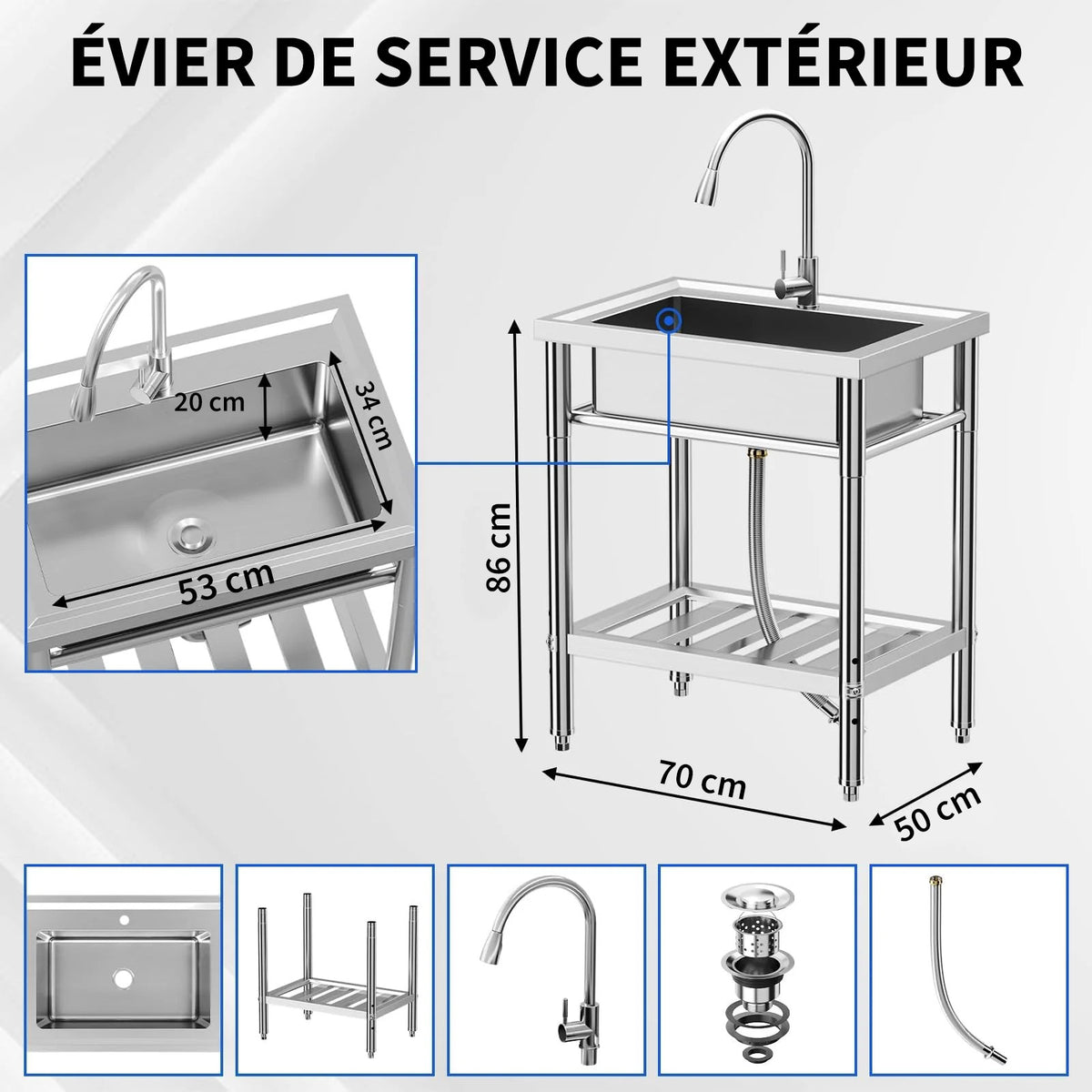 Garvee Évier sur Pieds en Acier Inoxydable, L. 70 × P. 50 × H. 86 cm, 1 Bac avec Robinet Extractible Pivotant à 360°, Eau Chaude et Froide, pour Cuisine et Garage