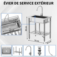 Garvee Évier sur Pieds en Acier Inoxydable, L. 70 × P. 50 × H. 86 cm, 1 Bac avec Robinet Extractible Pivotant à 360°, Eau Chaude et Froide, pour Cuisine et Garage