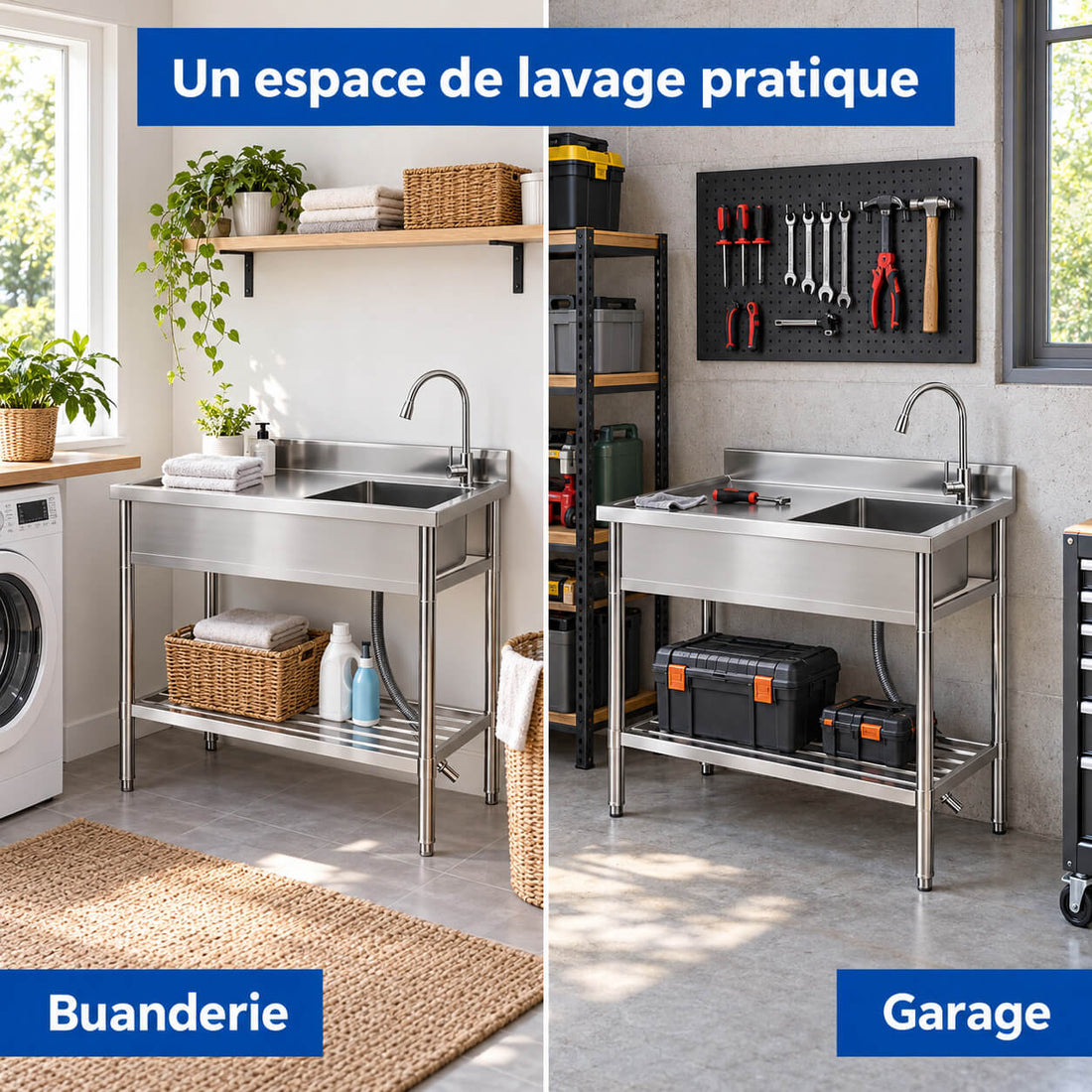 Garvee Évier Professionnel sur Pied en Inox 99 x 51 x 94 cm avec Robinet Extractible et Étagère, pour Cuisine Commerciale et Extérieur, Argenté