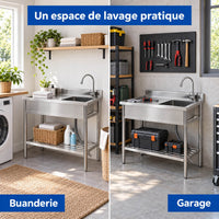 Garvee Évier Professionnel sur Pied en Inox 99 x 51 x 94 cm avec Robinet Extractible et Étagère, pour Cuisine Commerciale et Extérieur, Argenté