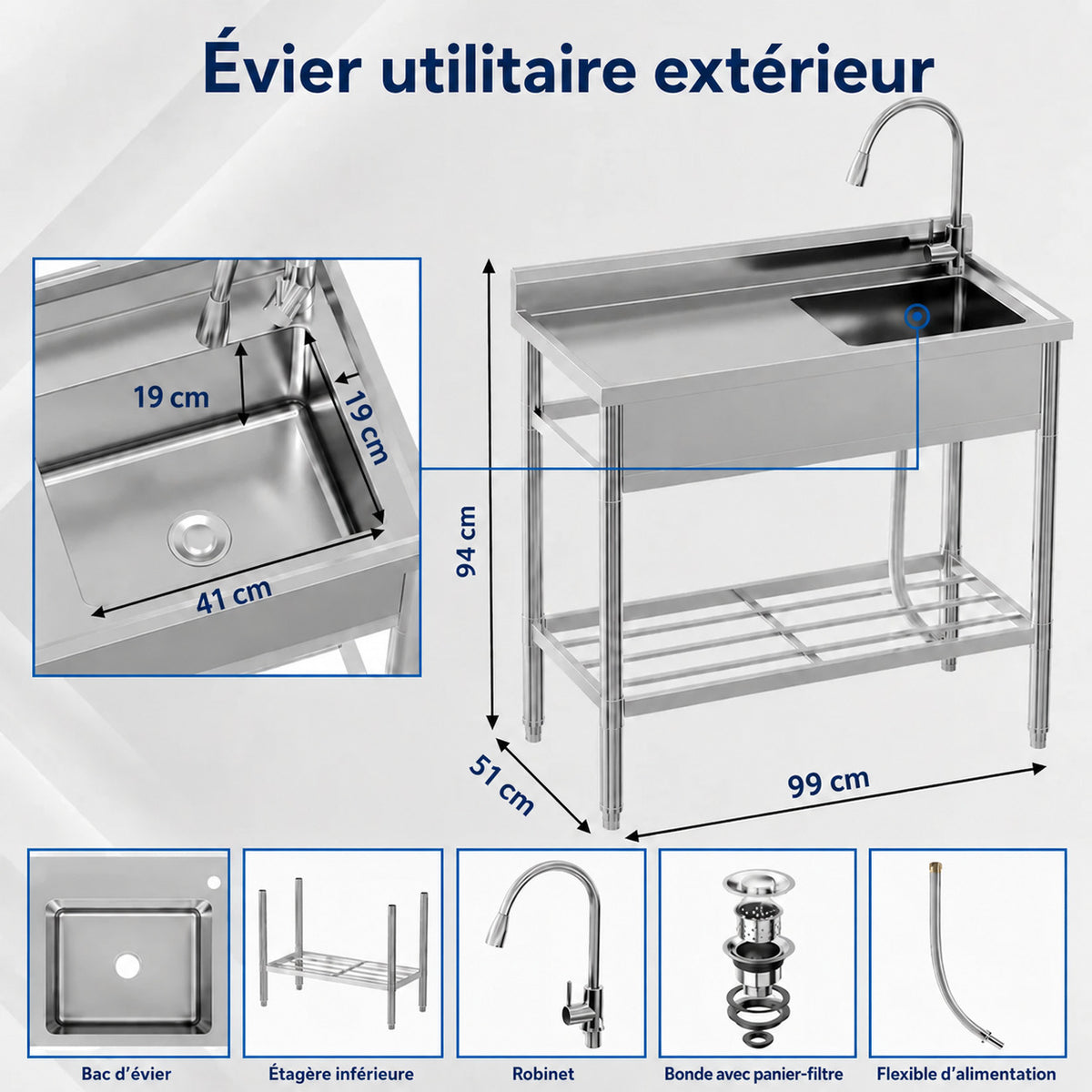 Garvee Évier Professionnel sur Pied en Inox 99 x 51 x 94 cm avec Robinet Extractible et Étagère, pour Cuisine Commerciale et Extérieur, Argenté