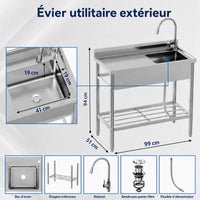 Garvee Évier Professionnel sur Pied en Inox 99 x 51 x 94 cm avec Robinet Extractible et Étagère, pour Cuisine Commerciale et Extérieur, Argenté