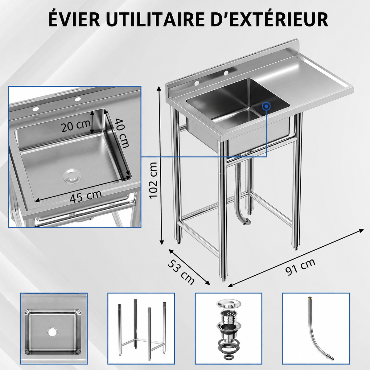 Garvee Évier de Buanderie en Inox 91 x 53 x 102cm avec Étagère et Pieds Réglables, Bac Utilitaire pour Buanderie et Garage, Sans Robinet, Argenté